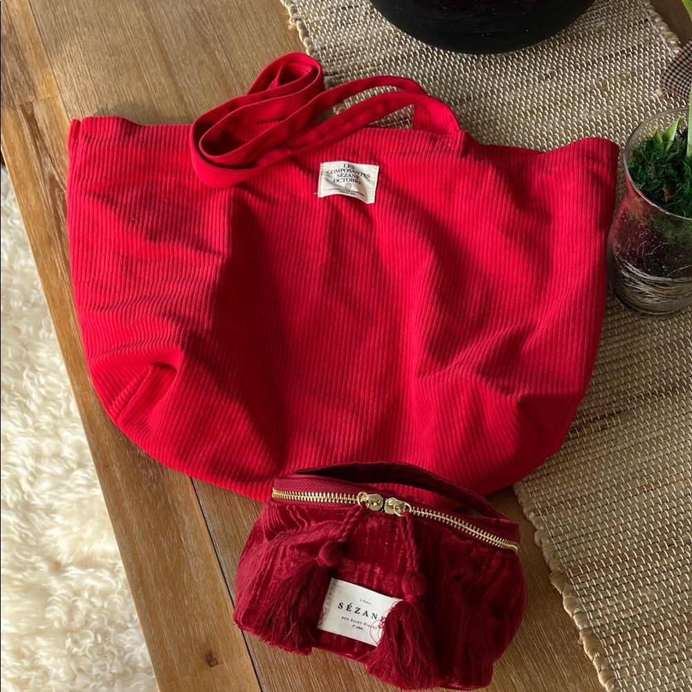 Sezane Red Tote Bag & Cosmetic Bag Pouch